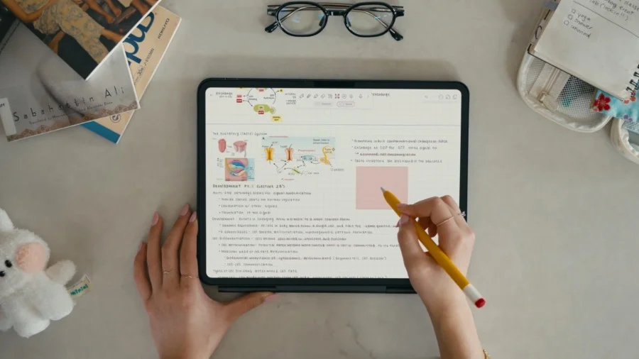 Hands taking handwritten notes with an Apple Pencil in Notability on an iPad, on a desk with glasses and books